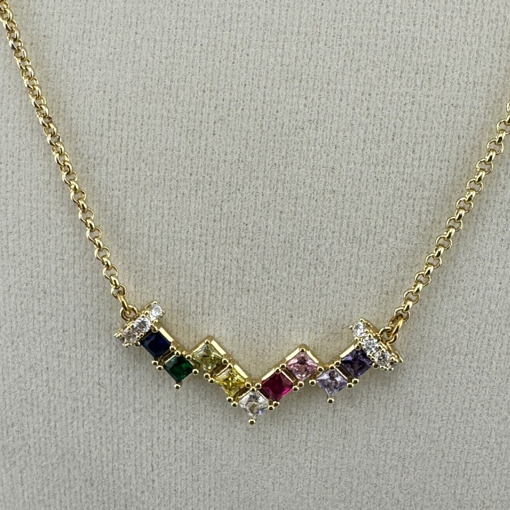 Gold Tone Rainbow Crystal Chevron Pendant Necklace Multi Color Princess Cut - Picture 2 of 4
